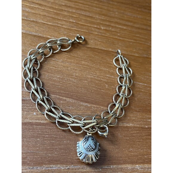 Vintage 12K GF Layered Double Row Links JB Charm Bracelet 7” Damascene Charm